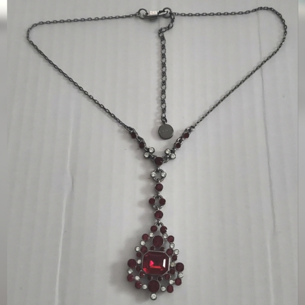 Givenchy Gunmetal Red Rhinestone Necklace Crystal Lavalier Y Pendant